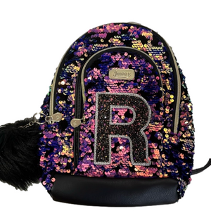 Justice mini backpack girlhoodcore letter R sequins pompom black colorful‎ front